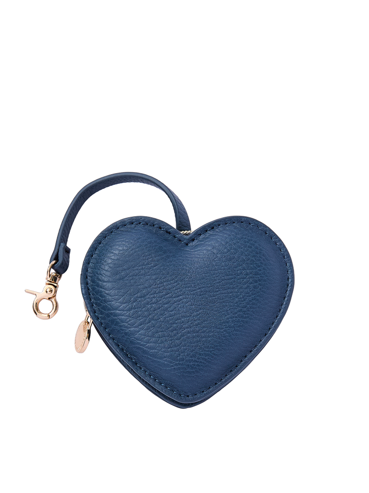 Poppy & Peonies Navy Heart Bag Charm front view, featuring a heart-shaped design in navy with a short strap, clasp and gold-tone hardware.