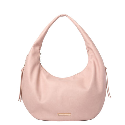 Front of a blush coloured Poppy and Peonies hobo style bag