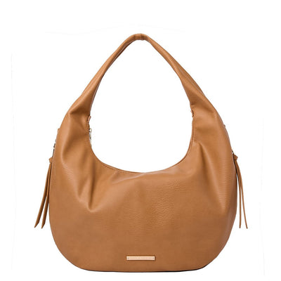 Front of a camel coloured Poppy and Peonies hobo style bag