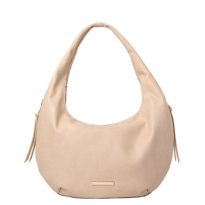 Front of a sand coloured Poppy and Peonies hobo style bag