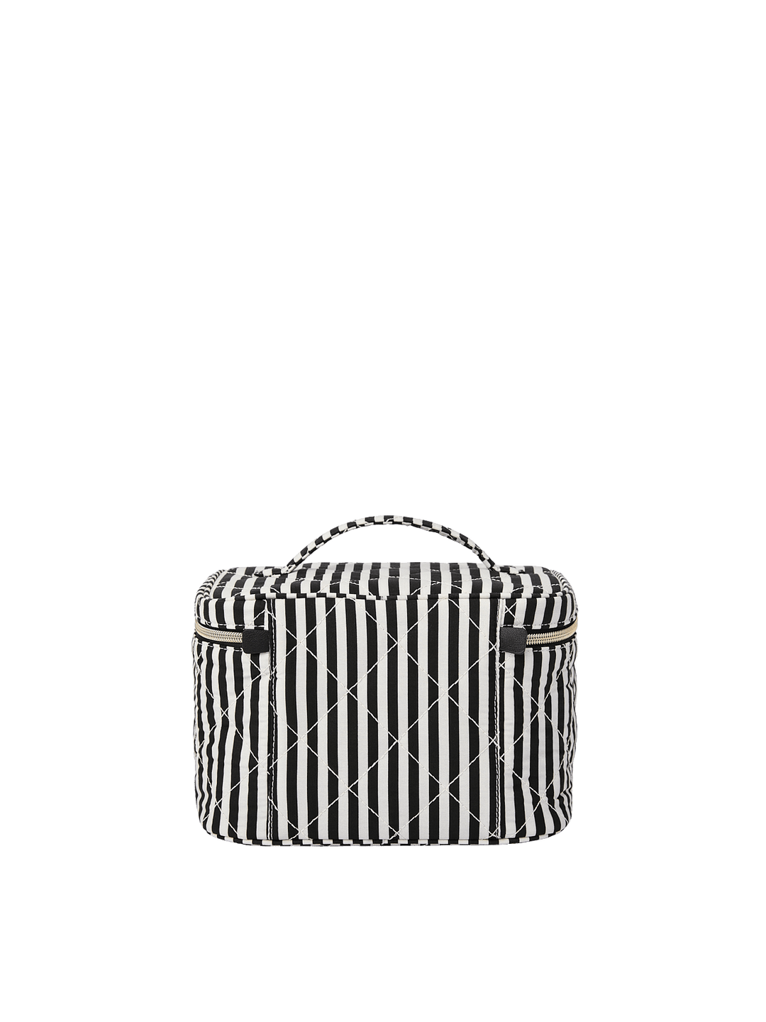 Poppy and Peonies Travel Trio Black Stripe featuring the large black and white striped travel case displayed from the back, showcasing its structured rectangular silhouette, top carrying handle, and zippered closure.