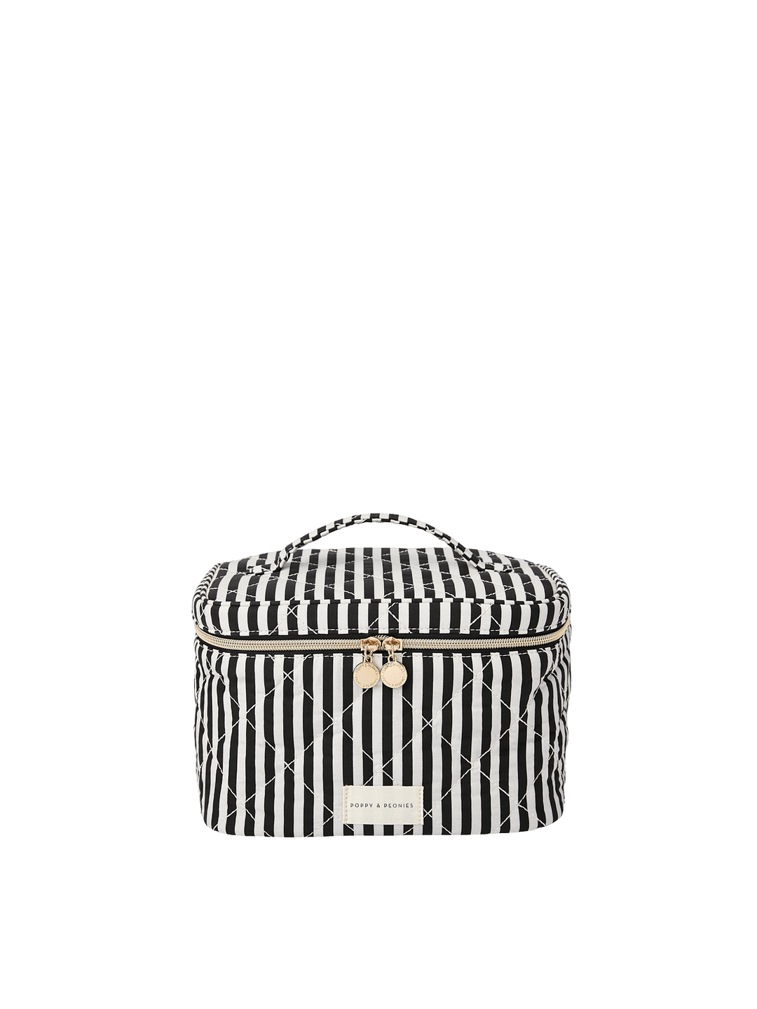 Poppy and Peonies Travel Trio Black Stripe featuring the large travel case with a black and white striped exterior, structured rectangular silhouette, top carrying handle, zip-around closure, and rectangular Poppy and Peonies logo plate on the front.