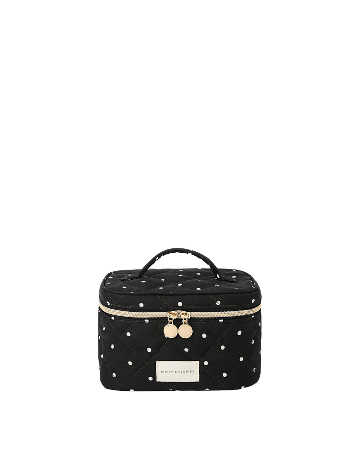 Poppy and Peonies Travel Trio Black Stripe featuring the medium-sized black travel case with delicate white bow patterns, structured rectangular silhouette, top carrying handle, gold-tone zipper closure, and rectangular logo plate on the front