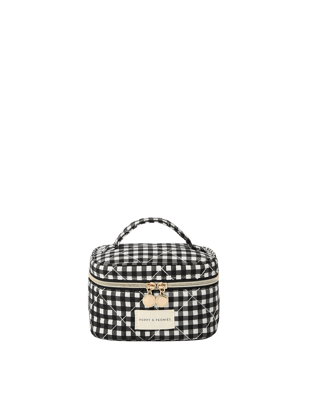 Poppy and Peonies Travel Trio Black Stripe featuring the small black and white striped travel case with a compact rectangular silhouette, top carrying handle, front exterior pocket, gold-tone zipper closure, and rectangular logo plate.