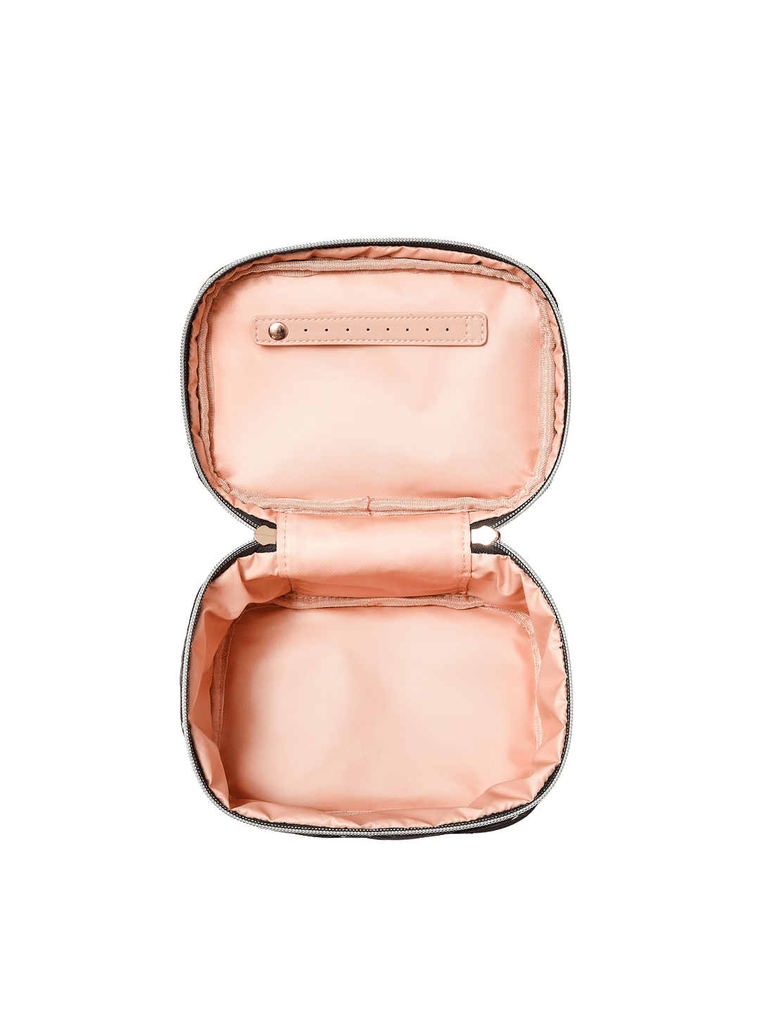 Poppy and Peonies Travel Trio Black Stripe featuring the medium black travel case displayed fully open, showcasing its blush pink satin interior, spacious main compartment, elastic storage pocket, and gold-tone zipper hardware.