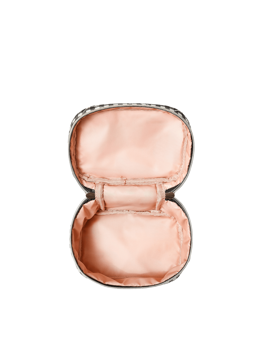 Poppy and Peonies Travel Trio Black Stripe featuring the small striped travel case displayed fully open, revealing its blush pink satin interior, spacious storage compartment, elastic pocket, and zip-around closure.