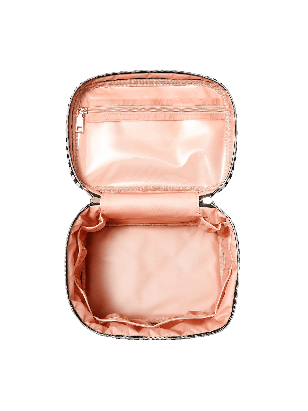 Poppy and Peonies Travel Trio Black Stripe featuring the large striped travel case displayed fully open, revealing its blush pink satin interior, spacious main compartment, elastic storage pocket, and zip-around closure.