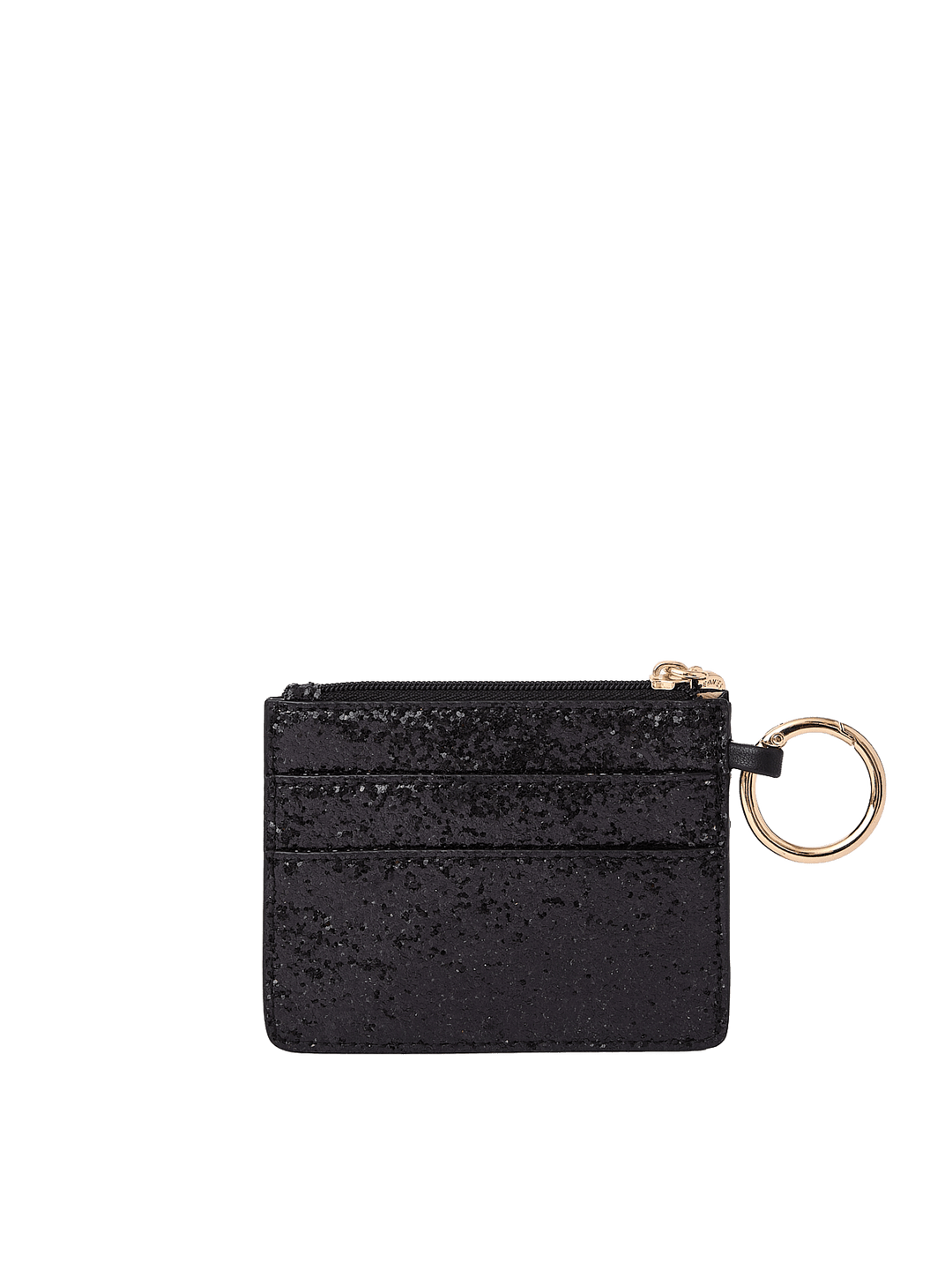 Poppy and Peonies Twinkle Card Holder Black displayed from the back, showcasing its shimmering black textured exterior, horizontal zippered pocket, compact rectangular silhouette, and attached gold-tone keyring.