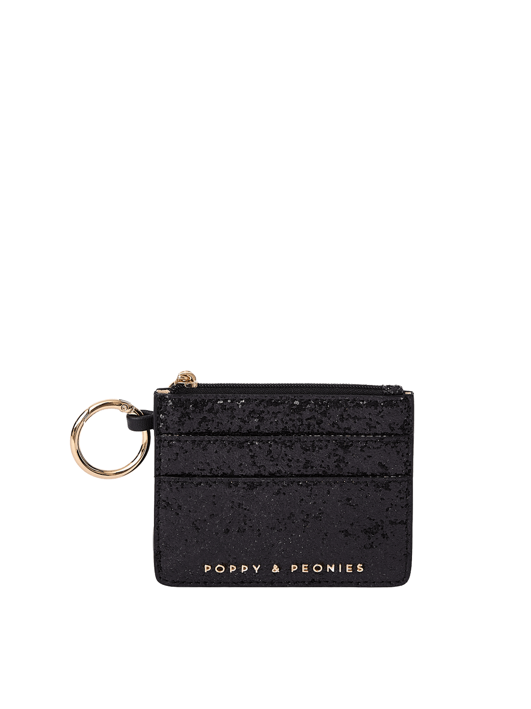 Poppy and Peonies Twinkle Card Holder Black featuring a compact rectangular silhouette, shimmering black textured exterior, multiple horizontal card slots, gold-tone keyring attachment, and gold Poppy and Peonies logo near the bottom.