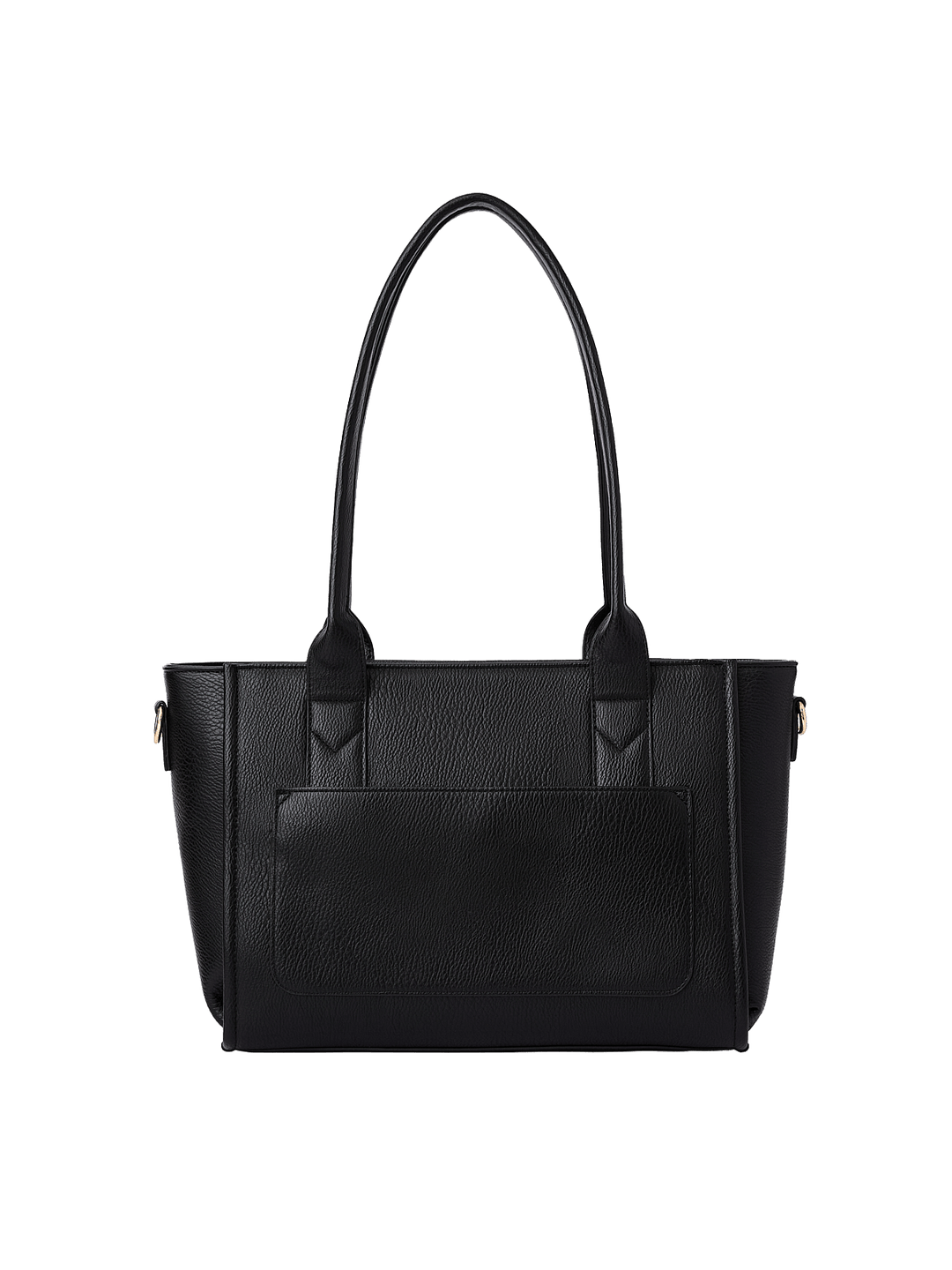 Poppy and Peonies Small Multitasker Black displayed from the back, featuring its textured black exterior, structured rectangular silhouette, dual shoulder handles, exterior slip pocket, and clean vertical seam detailing.