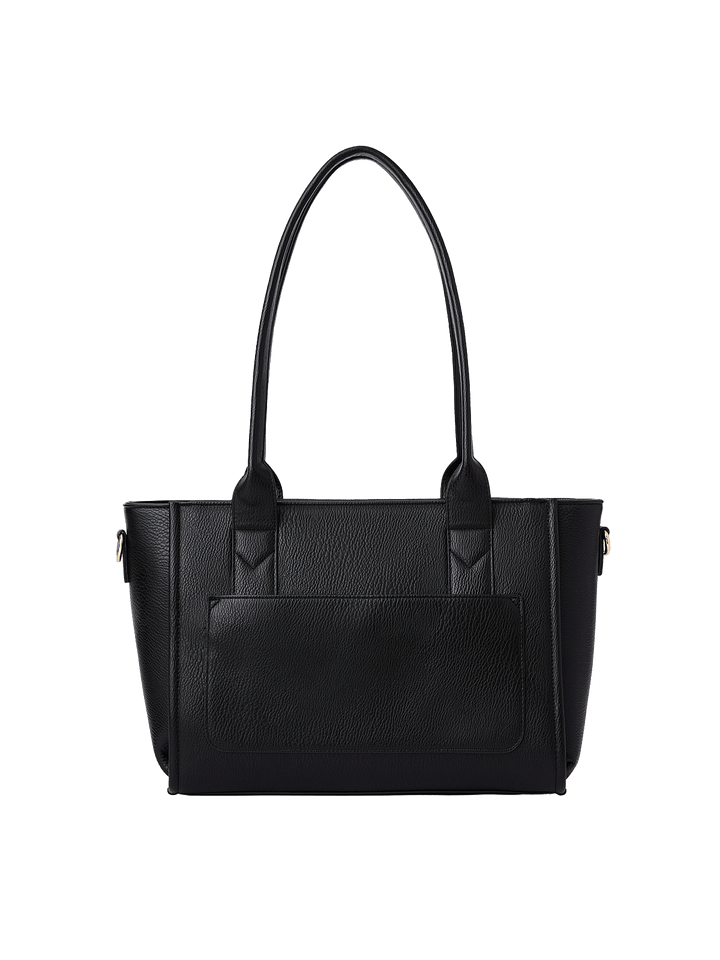 Poppy and Peonies Small Multitasker Black displayed from the back, featuring its textured black exterior, structured rectangular silhouette, dual shoulder handles, exterior slip pocket, and clean vertical seam detailing.