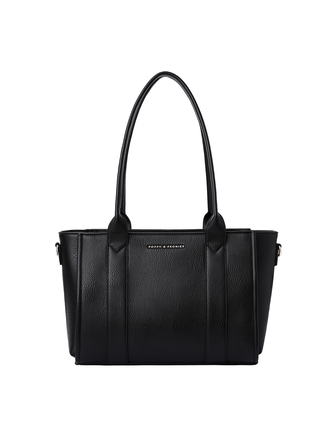 Poppy and Peonies Small Multitasker Black displayed from the front without the shoulder strap, showcasing its textured black exterior, structured rectangular silhouette, dual shoulder handles, vertical seam detailing, and subtle front logo.
