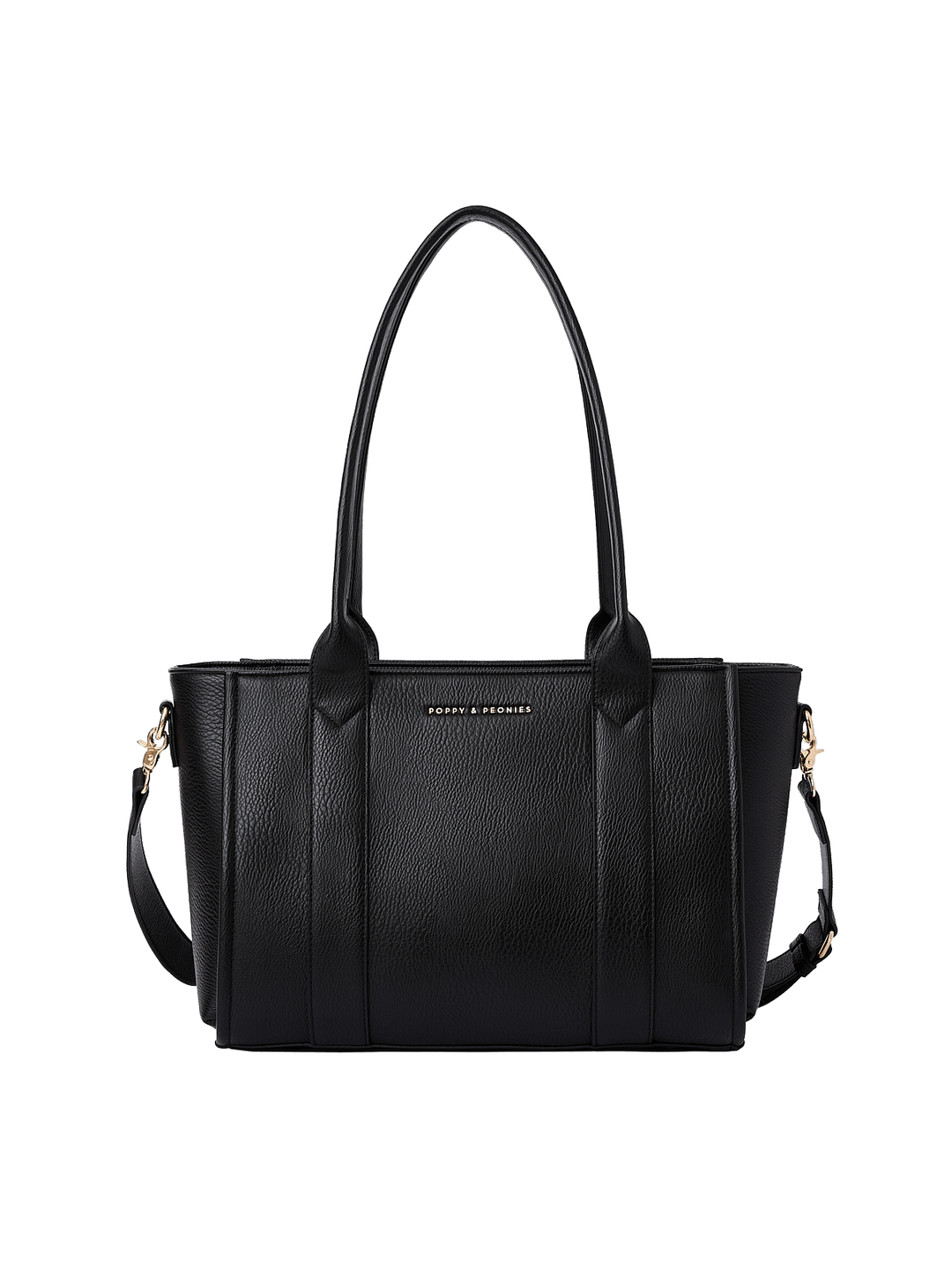 Poppy and Peonies Small Multitasker Black featuring a structured rectangular silhouette, textured black exterior, dual shoulder handles, detachable adjustable shoulder strap, gold-tone hardware, vertical seam detailing, and subtle Poppy and Peonies logo on the front