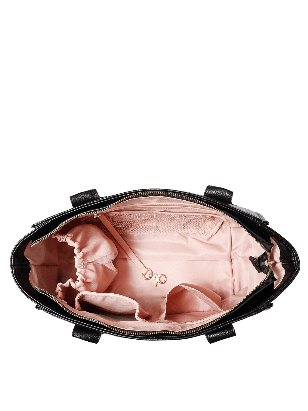 Poppy and Peonies Small Multitasker Black displayed open from above, revealing its blush pink interior lining, multiple storage compartments, organized pockets, and spacious main compartment for everyday essentials.