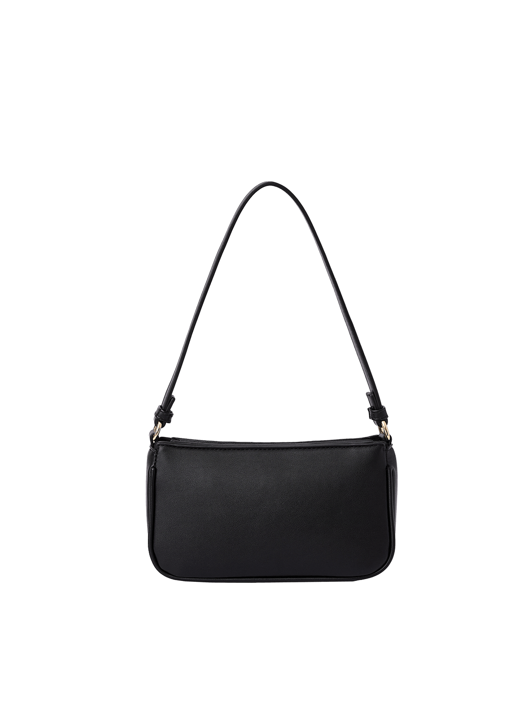 Poppy and Peonies RSVP Shoulder Bag Black displayed from the back, showcasing its smooth black exterior, compact rectangular silhouette, adjustable shoulder strap, and minimalist design.