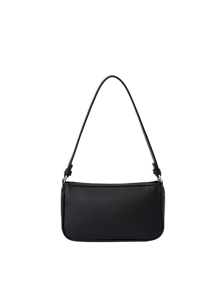 Poppy and Peonies RSVP Shoulder Bag Black displayed from the back, showcasing its smooth black exterior, compact rectangular silhouette, adjustable shoulder strap, and minimalist design.