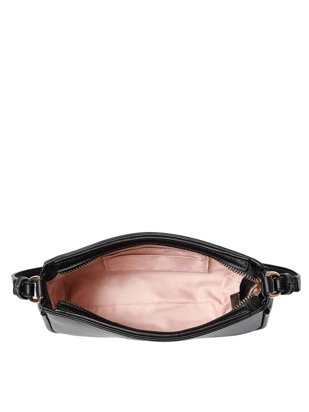 Poppy and Peonies RSVP Shoulder Bag Black displayed open from above, revealing its soft blush pink interior lining, spacious main compartment, and gold-tone zipper hardware.