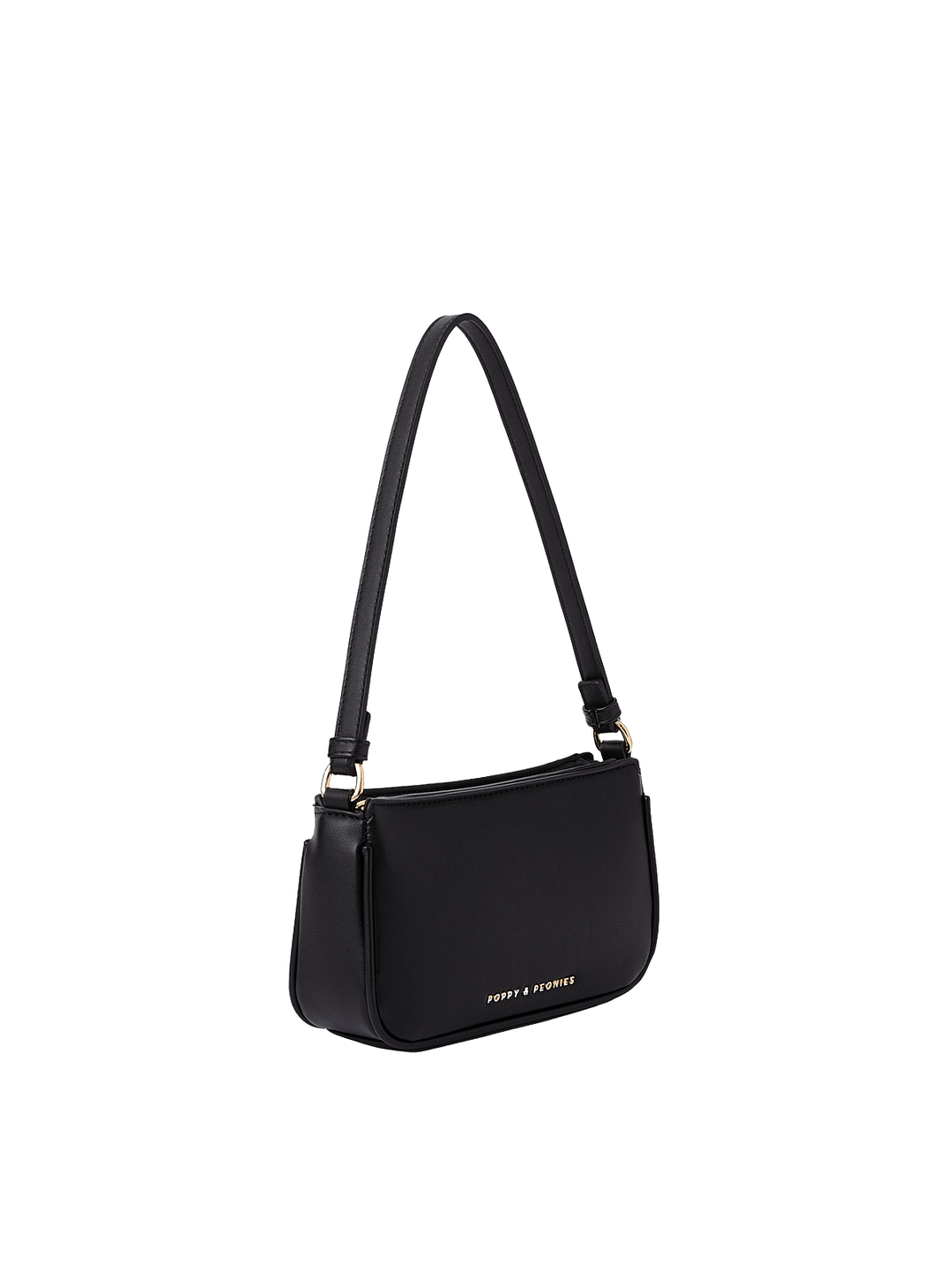 Poppy and Peonies RSVP Shoulder Bag Black displayed at a three-quarter angle, highlighting its sleek rectangular shape, smooth black exterior, slim adjustable shoulder strap, gold-tone hardware, and structured side profile.