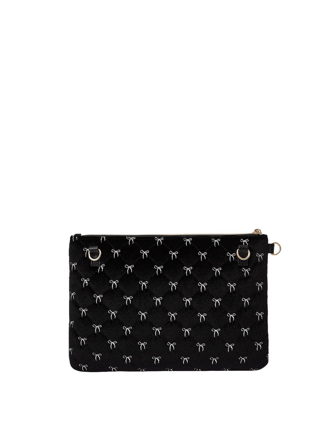 Poppy and Peonies The Clutch Trio Black Velvet featuring the large black velvet clutch displayed without its wristlet strap, highlighting its delicate white bow patterns, compact rectangular shape, and gold-tone zipper hardware.