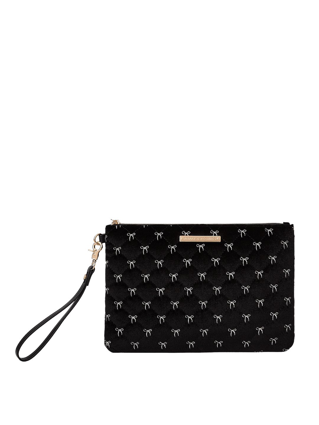 Poppy and Peonies The Clutch Trio Black Velvet featuring the large black velvet clutch with delicate white bow patterns, a rectangular silhouette, gold-tone zipper closure, front logo plate, and detachable black wristlet strap.