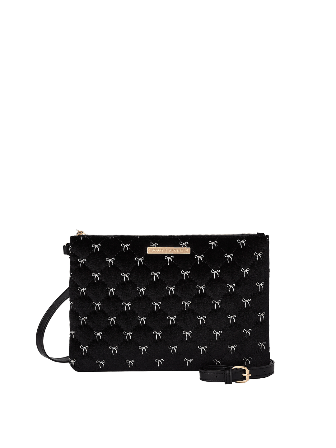 Poppy and Peonies The Clutch Trio Black Velvet displayed from the back of the large patterned clutch, showcasing its soft black velvet exterior with white bow patterns, rectangular silhouette, and attached wristlet strap.