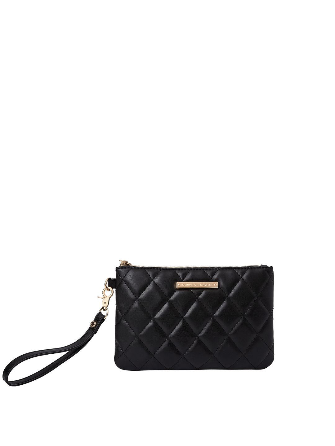 Poppy and Peonies The Clutch Trio Black Velvet featuring the medium-sized black diamond-quilted pouch with a rectangular silhouette, gold-tone zipper closure, subtle gold logo, and detachable black wristlet strap.