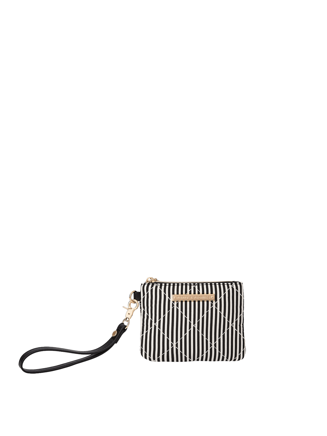Poppy and Peonies The Clutch Trio Black Velvet featuring the small black and white striped pouch with a compact rectangular silhouette, gold-tone zipper closure, front logo plate, and detachable black wristlet strap.
