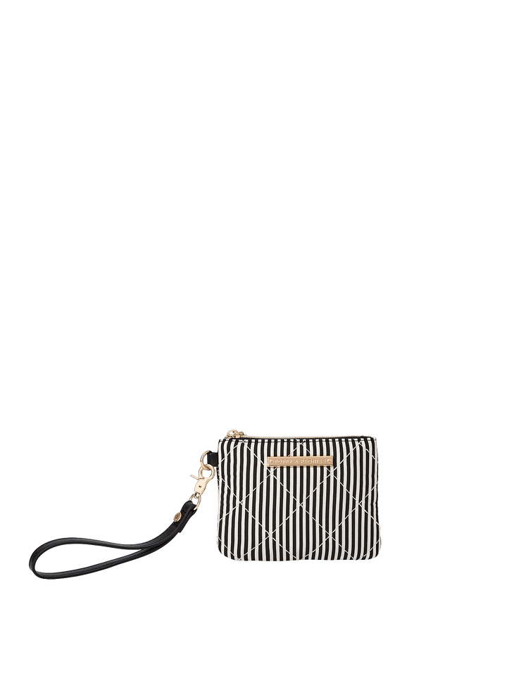 Poppy and Peonies The Clutch Trio Black Velvet featuring the small black and white striped pouch with a compact rectangular silhouette, gold-tone zipper closure, front logo plate, and detachable black wristlet strap.