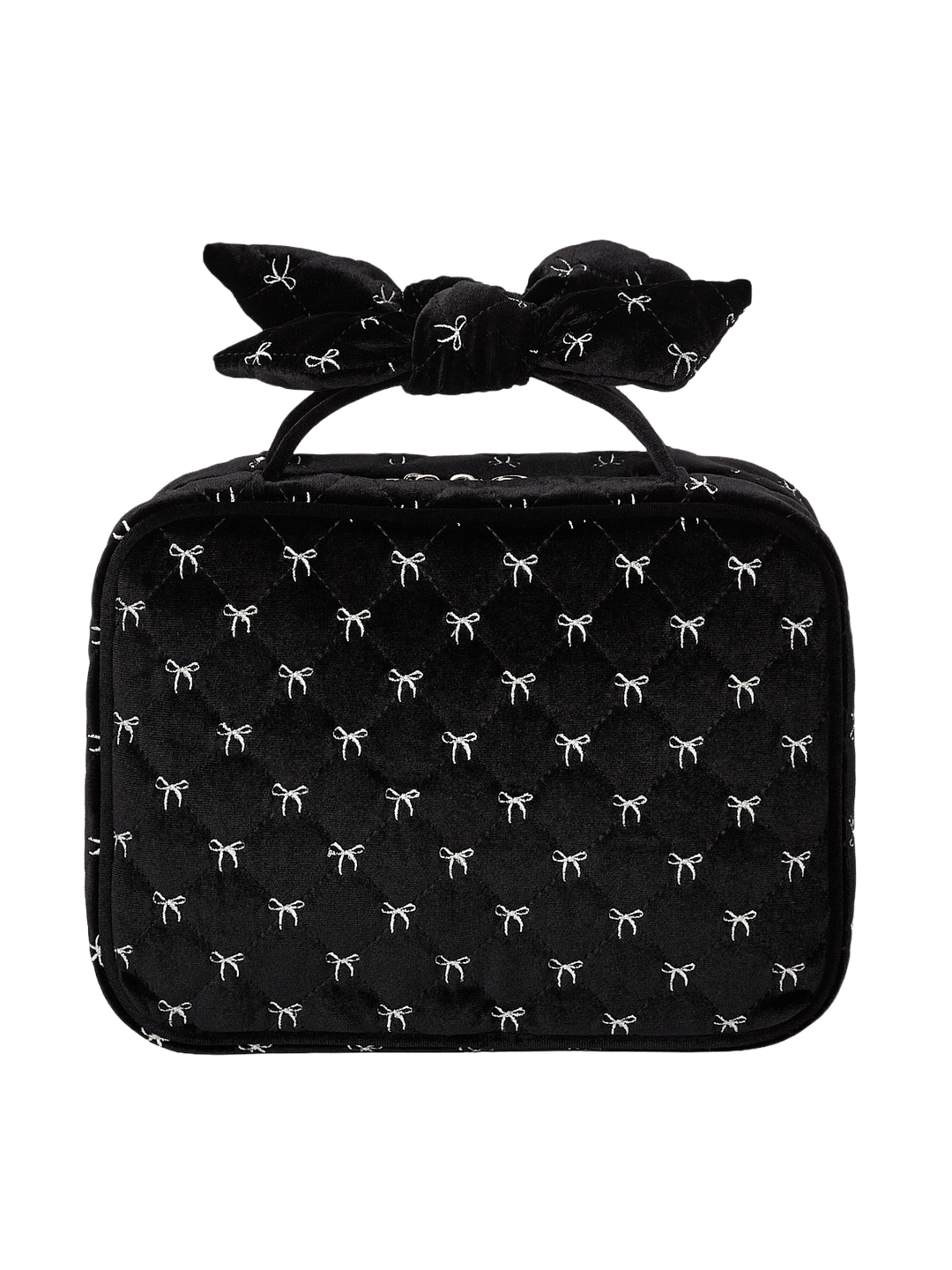 Poppy and Peonies Hook Me Up Cosmetic Case Black Velvet displayed from the back, showcasing its soft black velvet exterior with delicate white bow patterns, structured rectangular silhouette, decorative bow-shaped top handle, and zip-around closure.