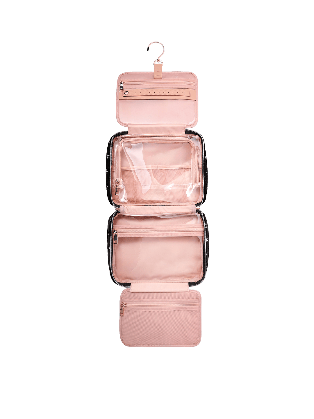 Poppy and Peonies Hook Me Up Cosmetic Case Black Velvet displayed fully unfolded from above, revealing its blush pink interior with multiple zippered compartments, transparent storage pockets, and a hanging hook for organizing beauty essentials.