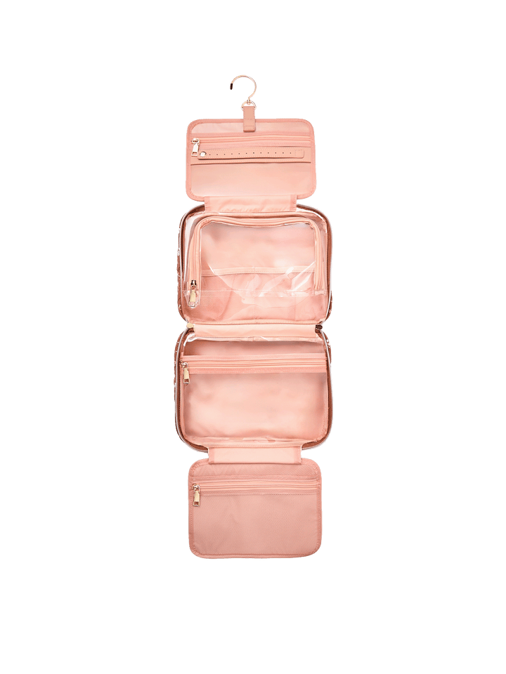 Open Small Hook Me Up Cosmetic Case in Brown Floral showing hanging hook, clear compartments, mesh pockets, and jewelry tab