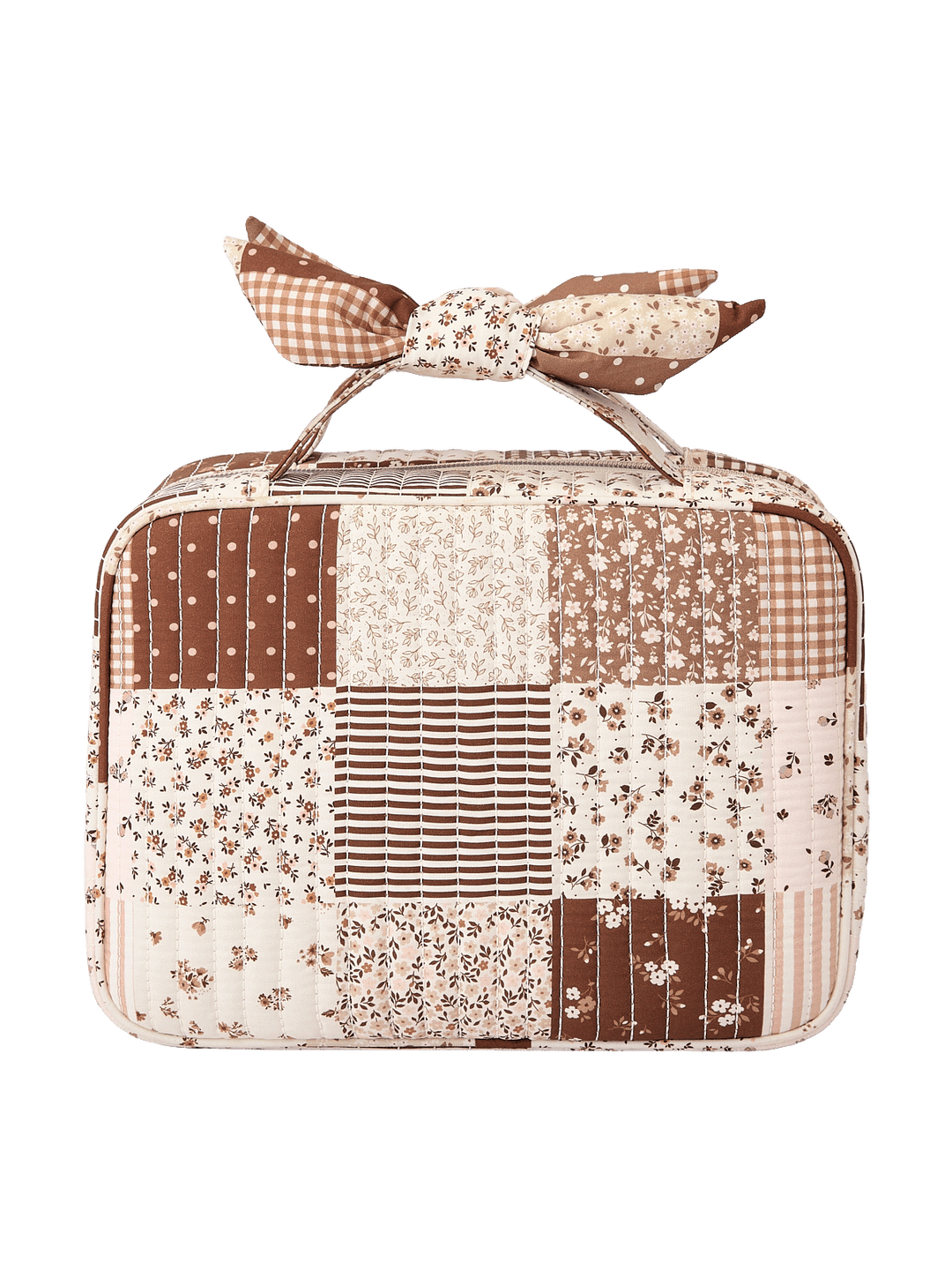 Back view of Small Hook Me Up Cosmetic Case in Brown Patchwork