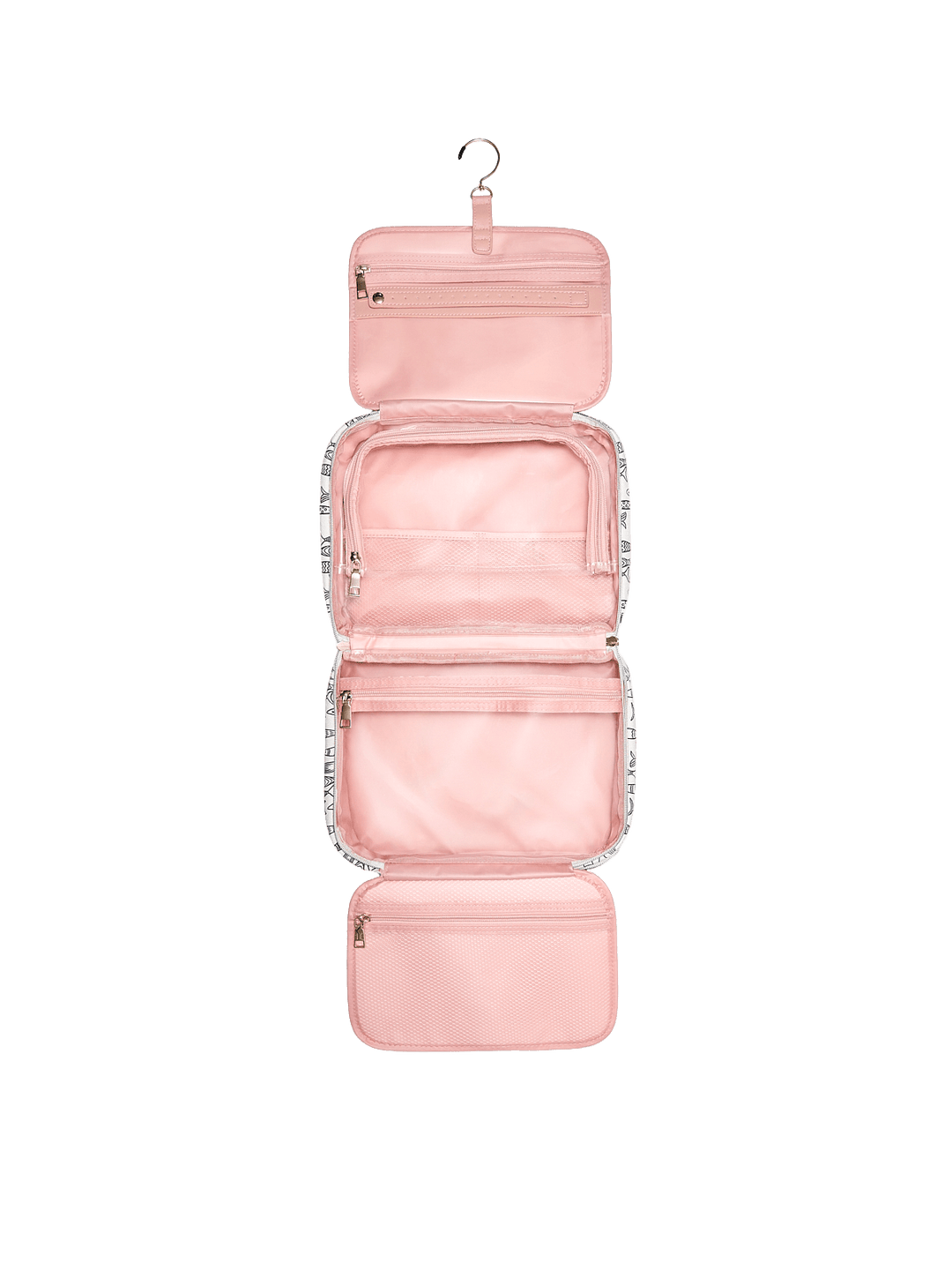 Pink hanging travel organizer with multiple compartments