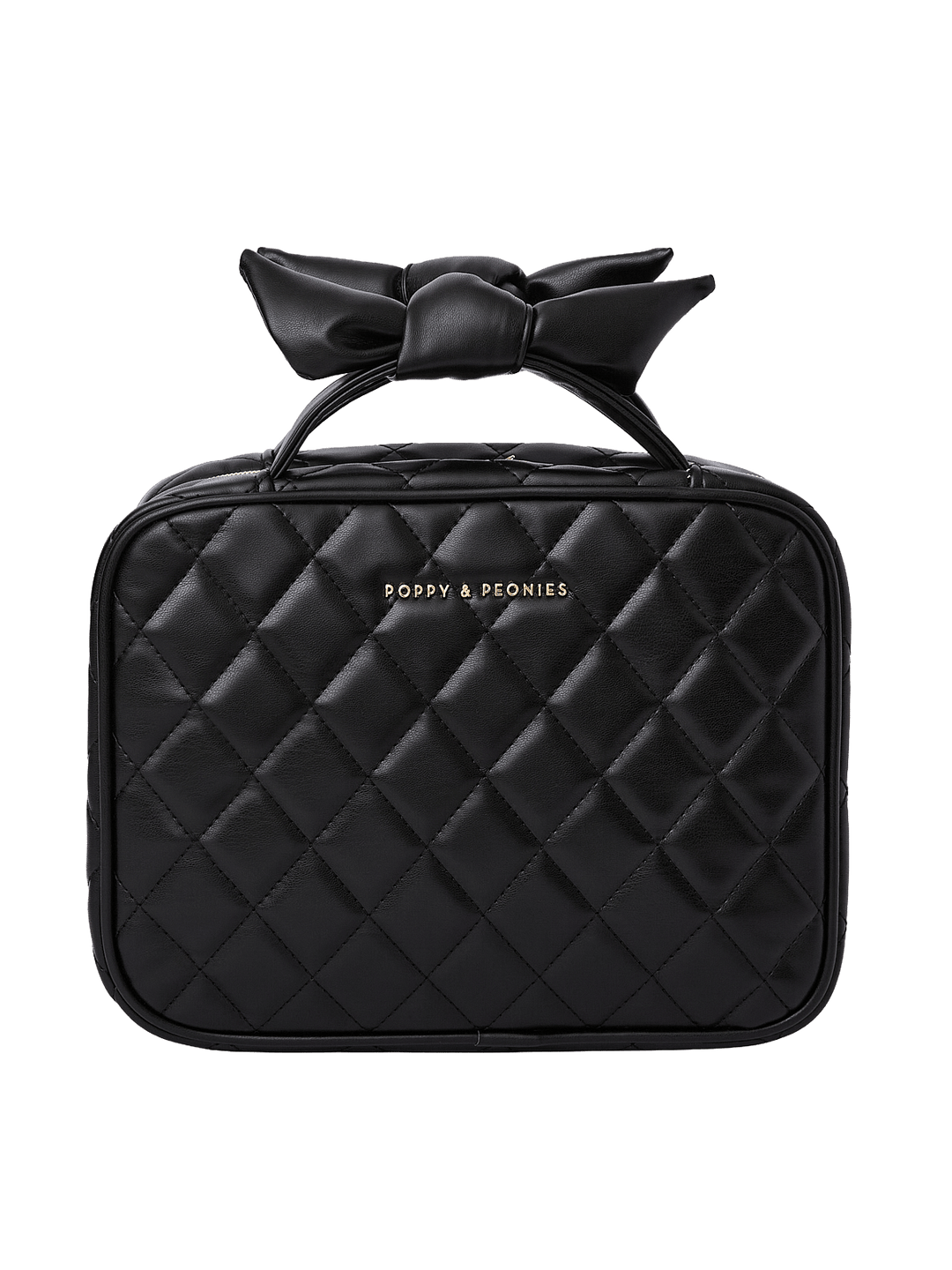 Poppy and Peonies Hook Me Up Cosmetic Case Black featuring a structured rectangular silhouette, black diamond-quilted exterior, decorative bow-shaped top handle, zip-around closure, and gold Poppy and Peonies logo on the front.