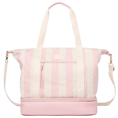 Front of a pink stripe Poppy and Peonies cooler bag