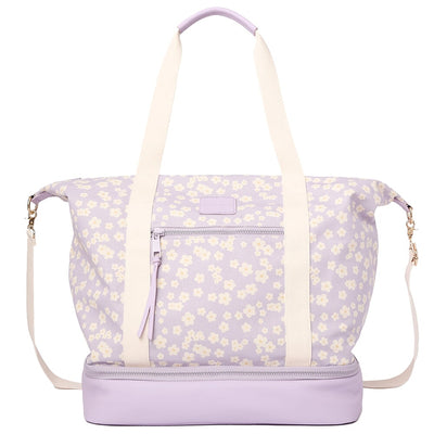 Front of a violet floral cooler bag 
