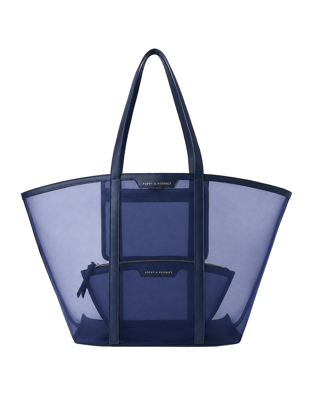 Navy blue mesh tote bag with matching cosmetic bag inside