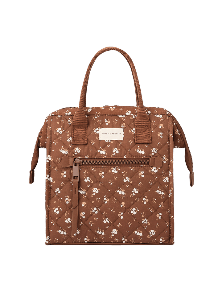 Front view of The Lunch Bag in Brown Floral