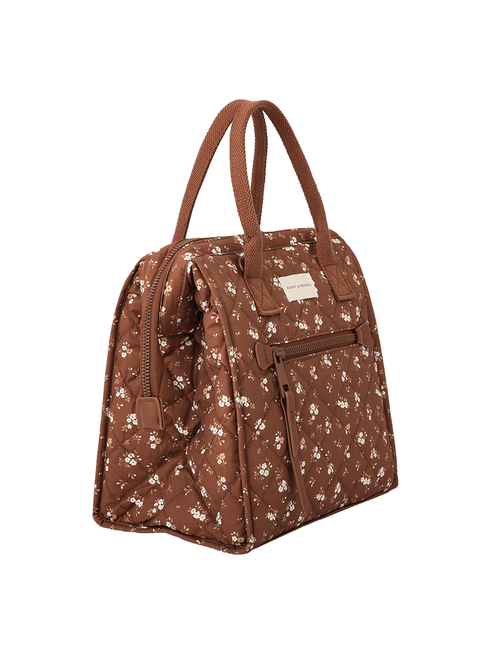 Angled side view of The Lunch Bag in Brown Floral