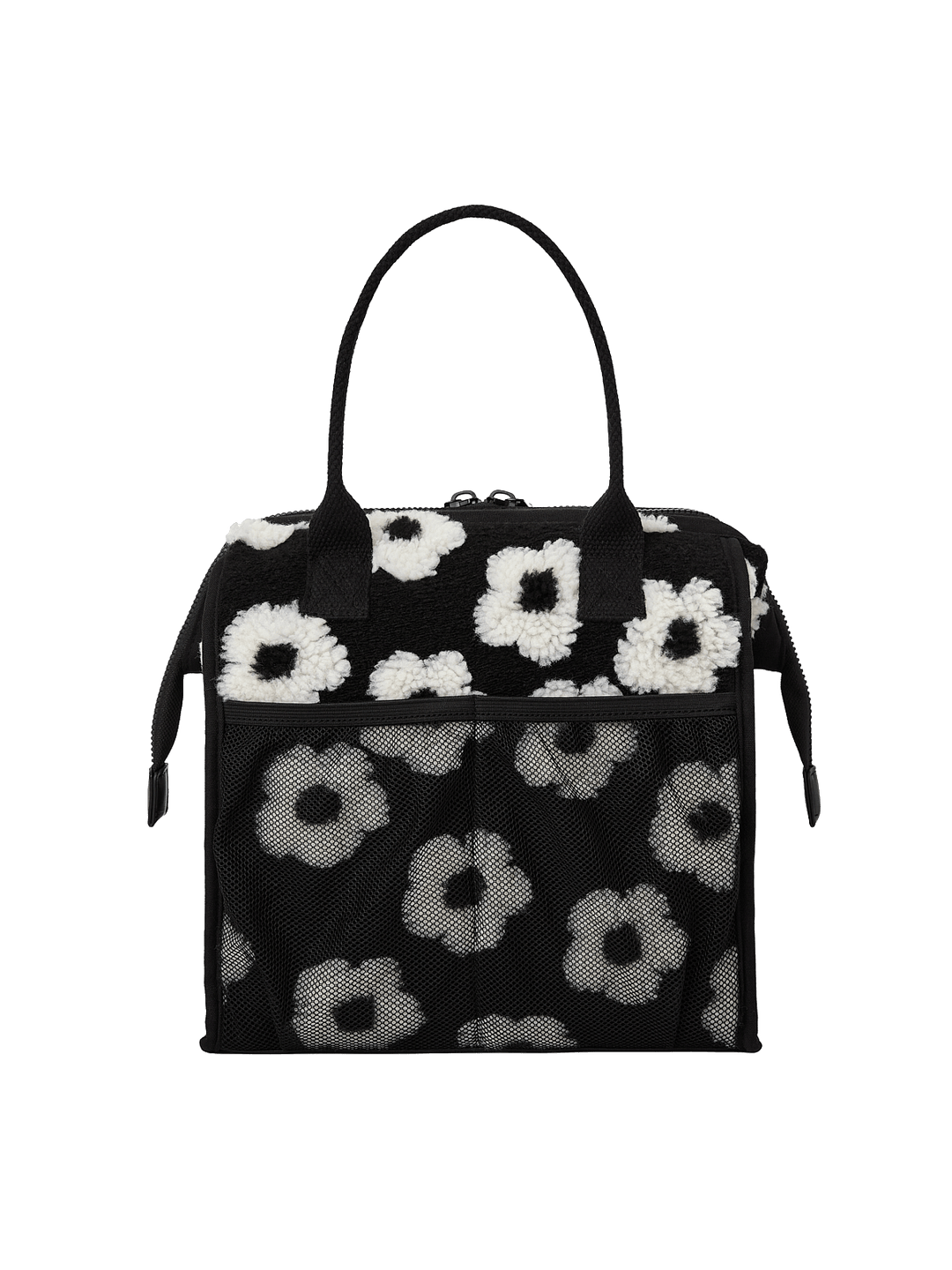 Poppy and Peonies The Lunch Bag Black Floral displayed from the back, featuring its black and white floral exterior, structured rectangular shape, dual top handles, and zippered top closure.