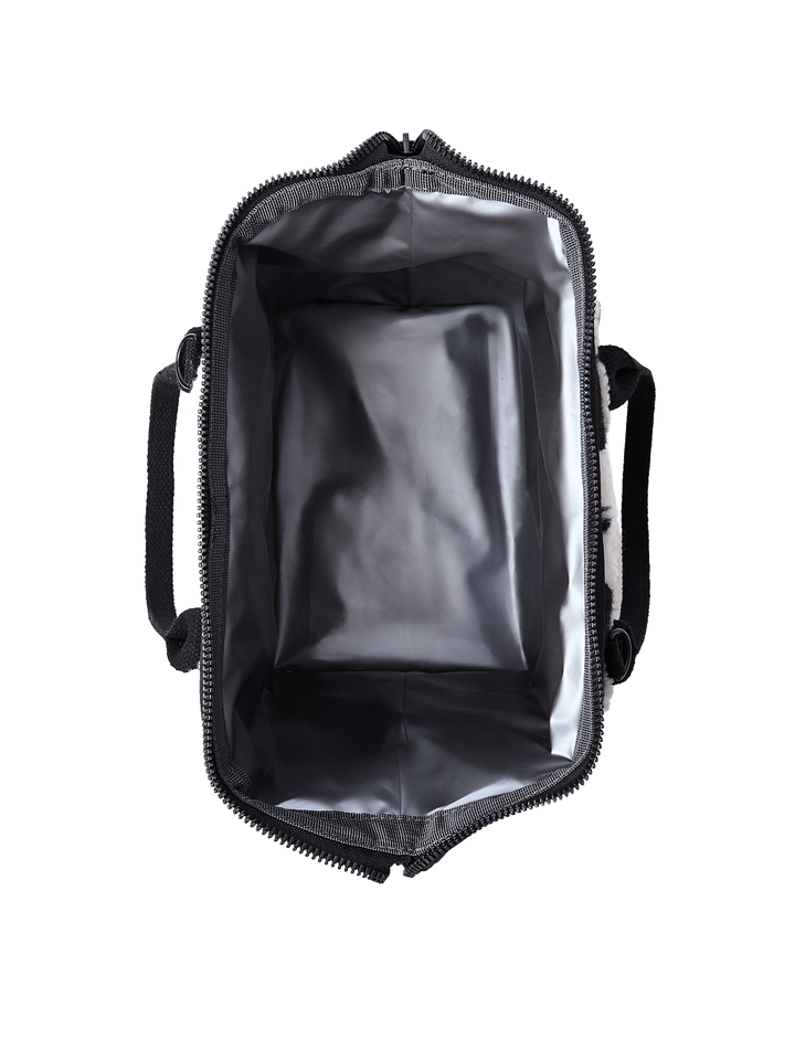 Poppy and Peonies The Lunch Bag Black Floral displayed fully open from above, revealing its spacious silver-gray insulated interior, zippered opening, and structured design for storing food and beverages.