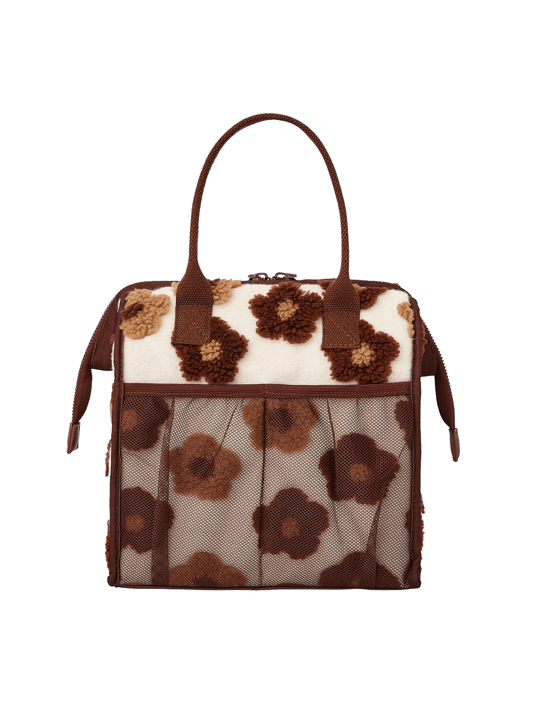 Poppy and Peonies The Lunch Bag Espresso Floral displayed from the back, featuring its cream-colored exterior with brown floral patterns, contrasting brown trim, dual top handles, and zippered top closure.