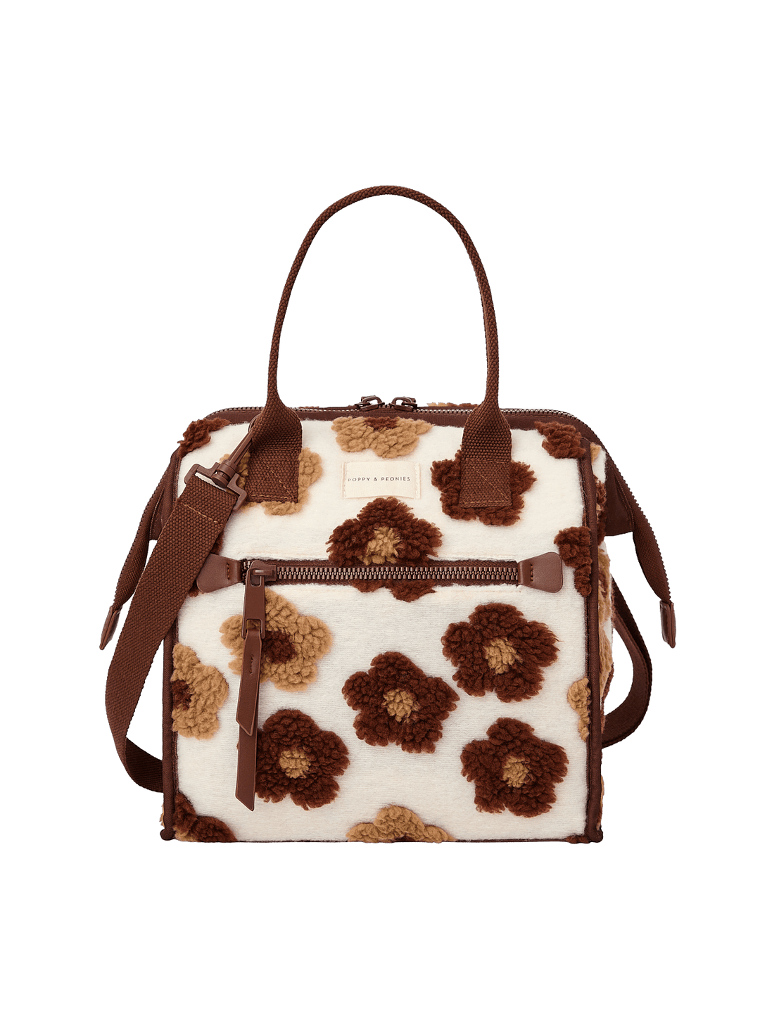 Poppy and Peonies The Lunch Bag Espresso Floral featuring a structured rectangular silhouette, cream-colored exterior with brown and espresso floral patterns, contrasting brown trim, dual top handles, detachable shoulder strap, gold-tone hardware, and front zippered pocket.