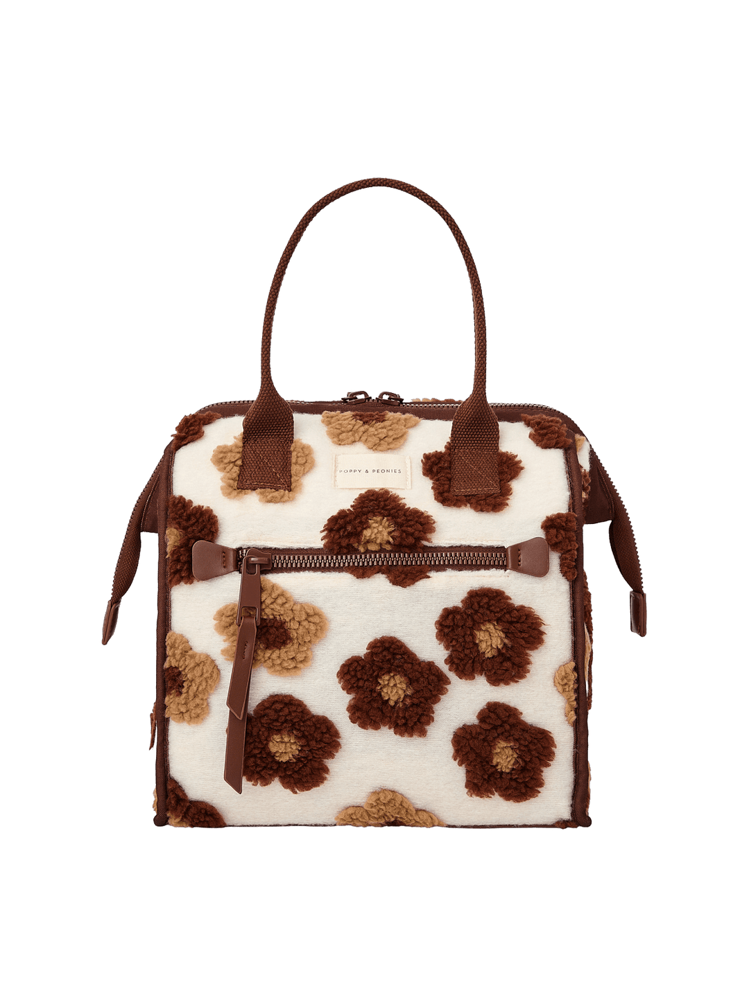 Poppy and Peonies The Lunch Bag Espresso Floral displayed from the front, showcasing its cream-colored exterior with brown and espresso floral patterns, dual brown top handles, structured rectangular silhouette, and front zippered pocket.