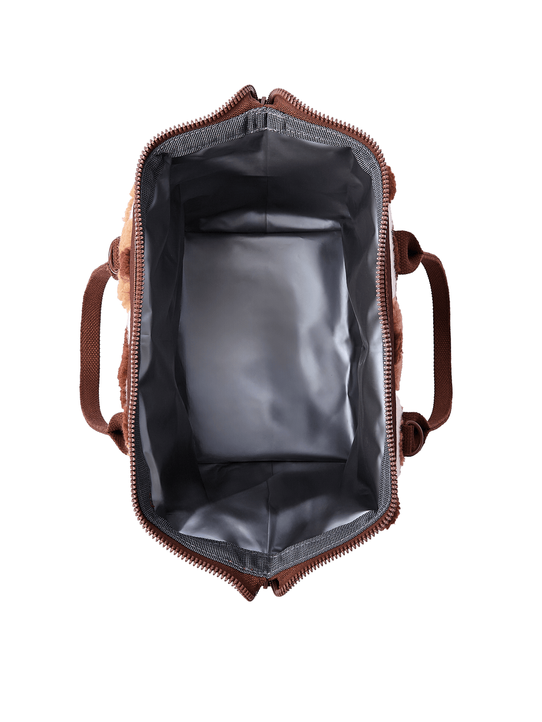 Poppy and Peonies The Lunch Bag Espresso Floral displayed fully open from above, revealing its spacious silver-gray insulated interior, zippered opening, and structured design for storing food and beverages.