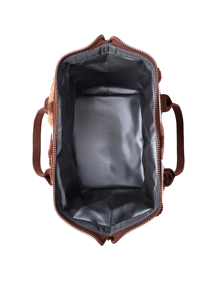 Poppy and Peonies The Lunch Bag Espresso Floral displayed fully open from above, revealing its spacious silver-gray insulated interior, zippered opening, and structured design for storing food and beverages.