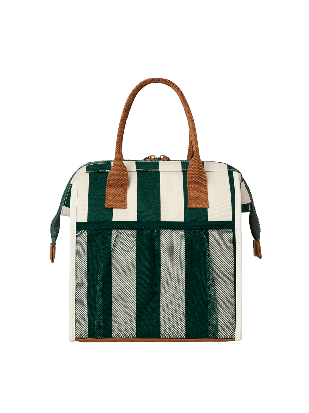 Green and white striped lunch bag with brown handles