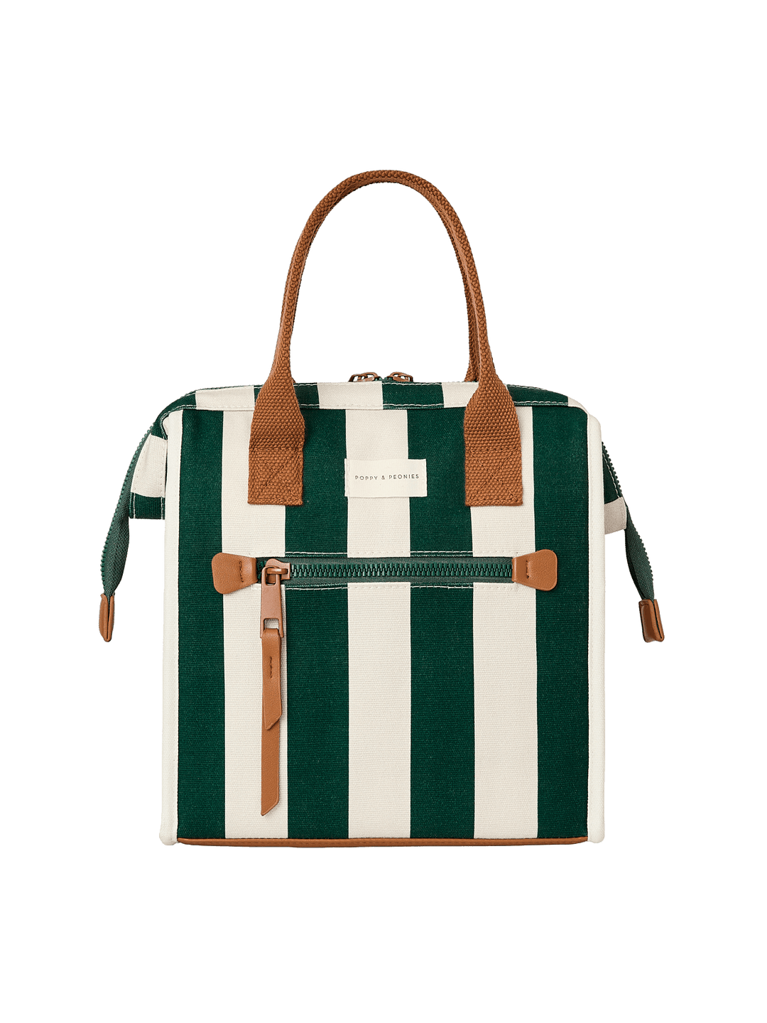 Green and white striped lunch bag with brown handles