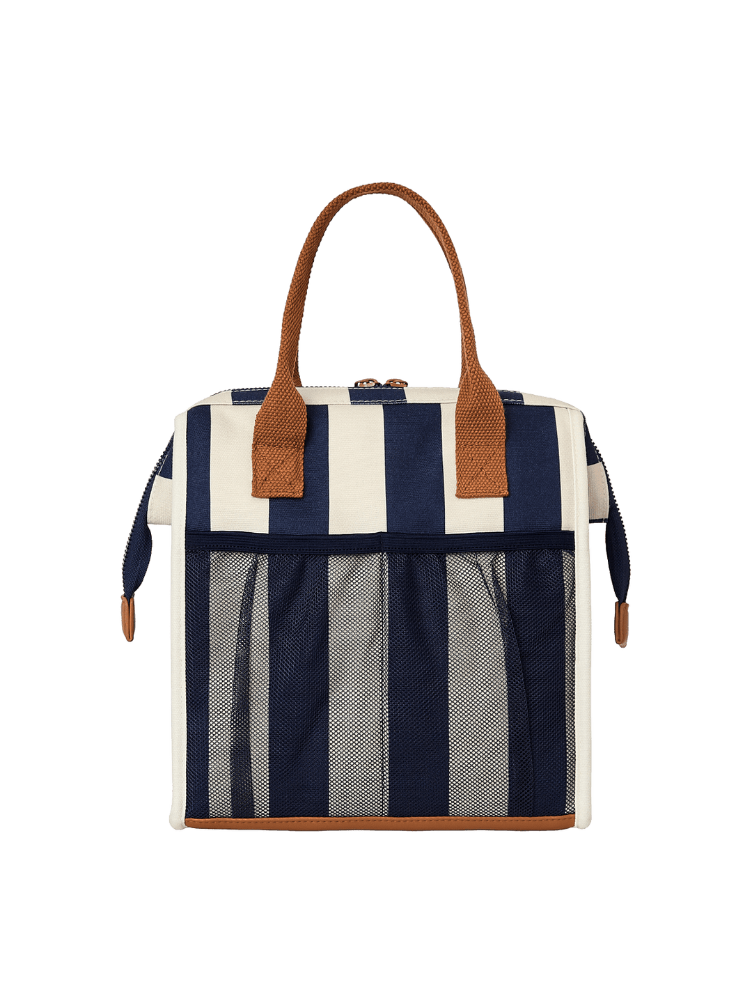 Navy and white striped lunch bag with brown handles
