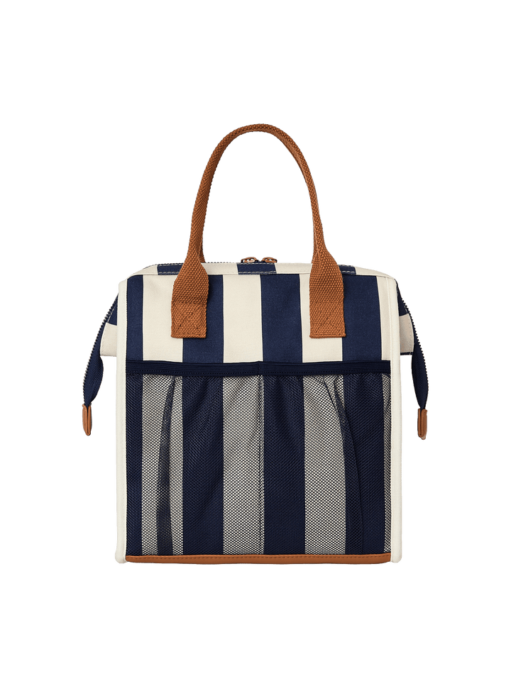 Navy and white striped lunch bag with brown handles